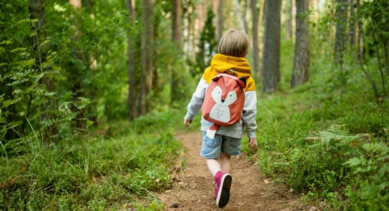 A child following a path through a wood.
